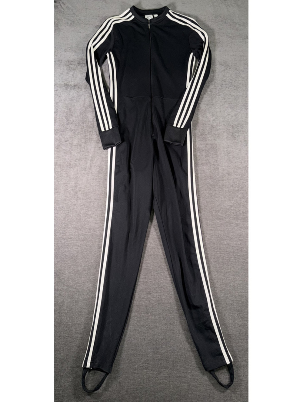 Adidas Black Full-Body Zip-Up Jumpsuit with White Stripes, Medium